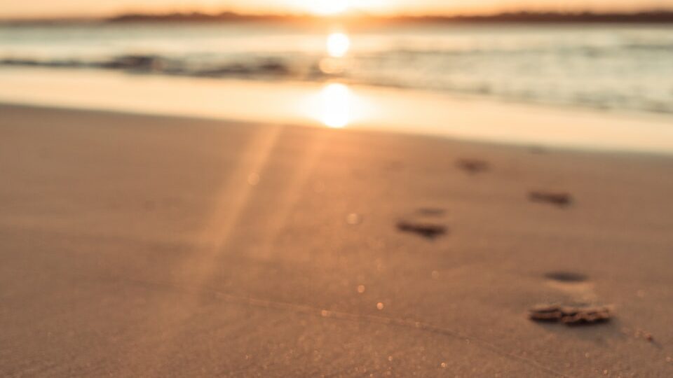 brown sand on beach during sunset